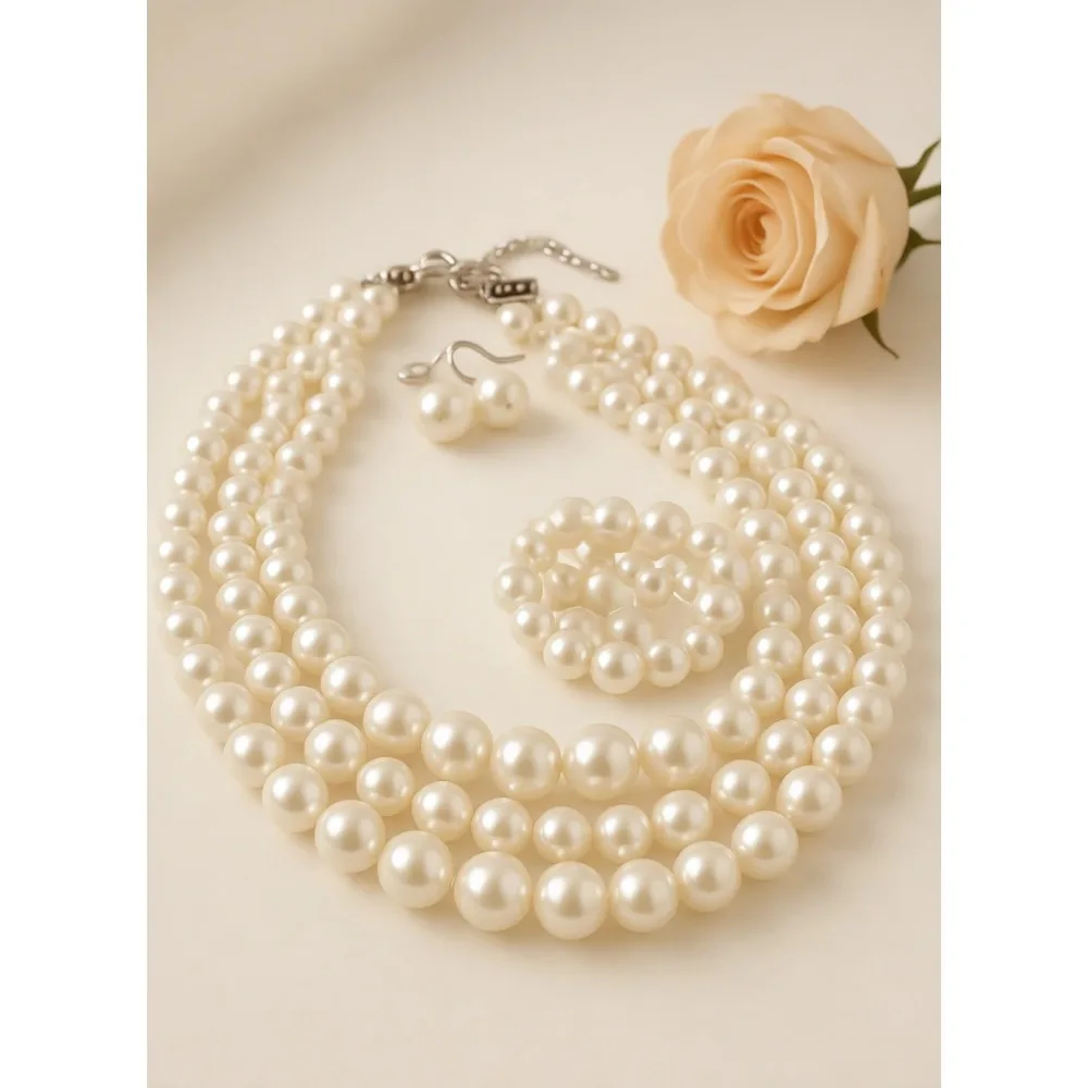 

Женский комплект украшений: ожерелье, браслет и серьги из искусственного жемчуга, 3 слоя, 18 дюймов, подарочный набор