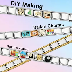 URING Fashion Glaze Dollar Dice Poker Snooker Charms Italian Links 9mm Bracelets Bangle Stainless Steel DIY Making Jewelry