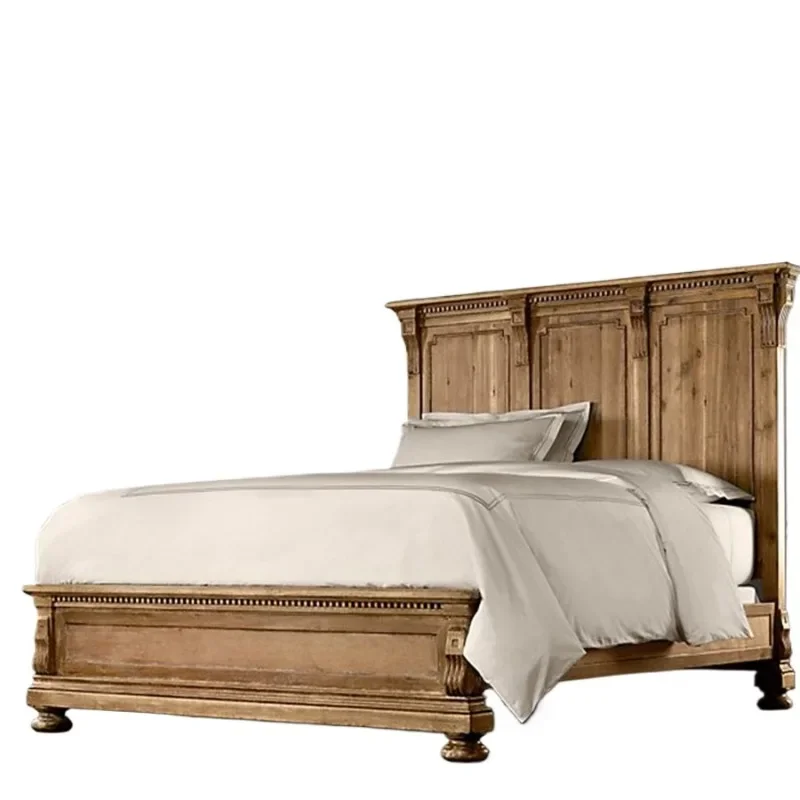 Massivholzbett, 1,8 Meter breit, Doppelbett, Schlafzimmermöbel, handgeschnitztes Eichenholz, Retro-Stil, altes Hochzeitsbett mit flachem Kopfteil