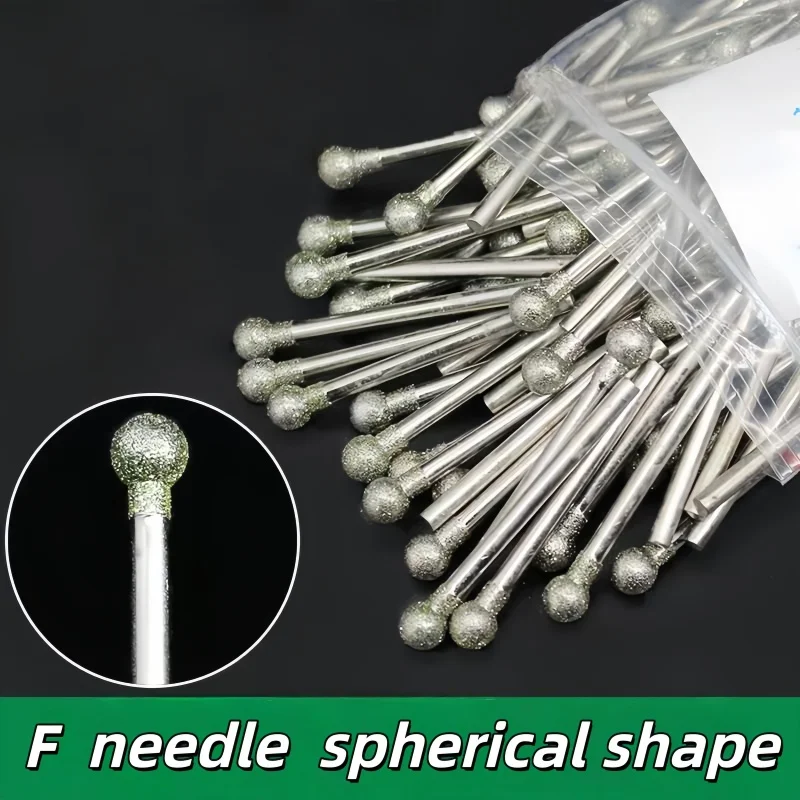 

Spherical Diamond Grinding Burr -F- Needle 2.35mm Shank, Jade Agate Amber Carving Bit Electric Rotary Tool Accessory