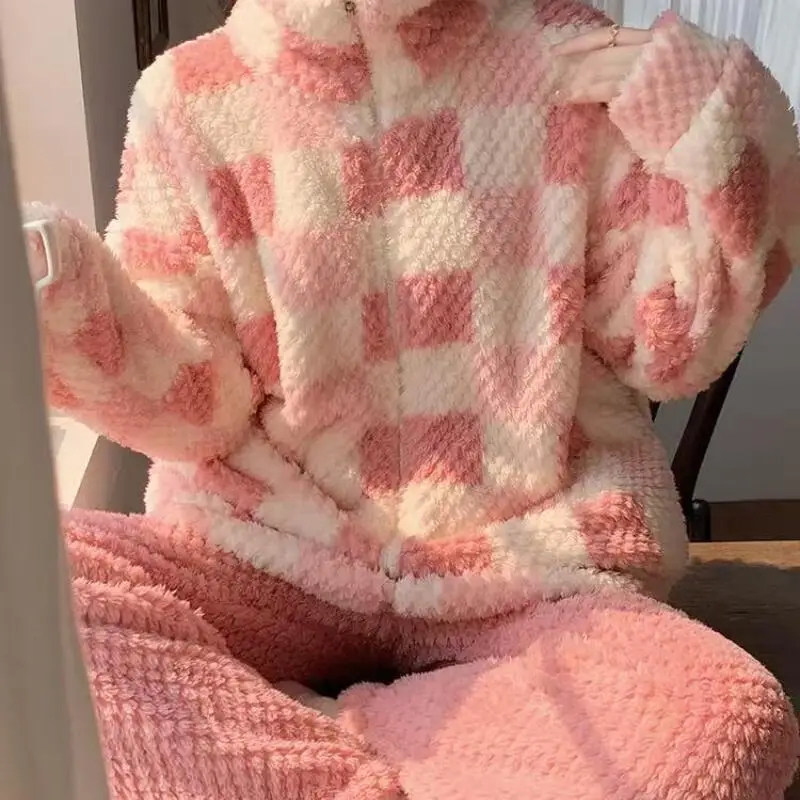 Pigiama a griglia da donna Set di abbigliamento per la casa Pigiama Autunno Inverno Ragazza Studente Nuova cerniera Foderato in pile Addensato Indossabile come capispalla