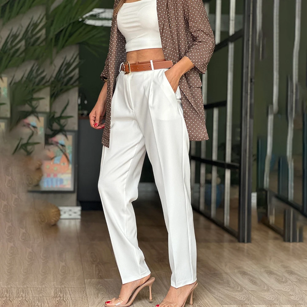 TWOTWINSTYLE Solidny dwuczęściowy zestaw dla kobiet V Neck Sleeveless Spliced Ruffles Short Top High Waist Straight Pant Chic Sets Female