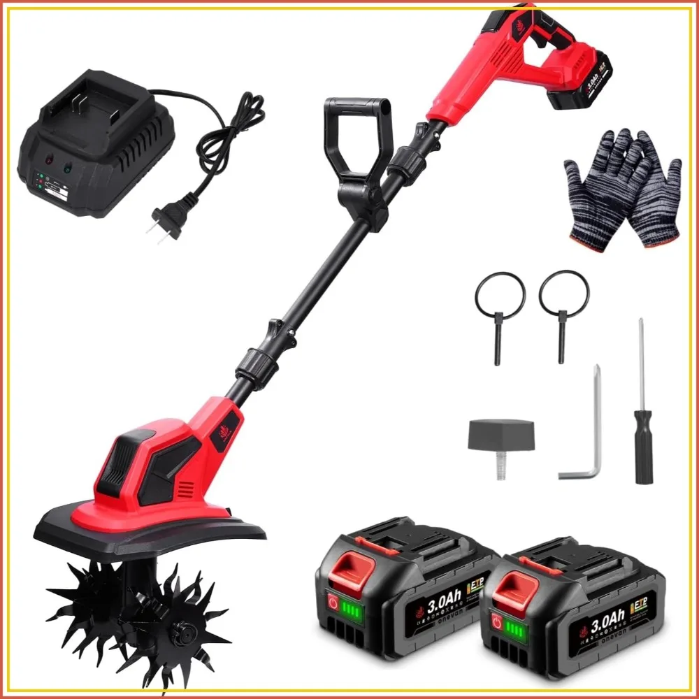 Cultivador Inalámbrico de 20V con 2 Baterías de 3.0Ah, Más de 50 Minutos de Autonomía, Ancho de Labranza de 9.5 Pulgadas, Profundidad de 6.7 Pulgadas, Motor sin Escobillas de 550W, Desmontable