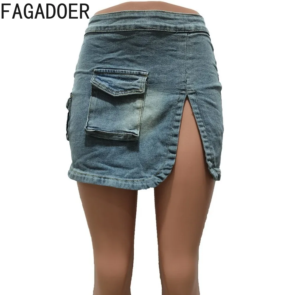 FAGADOER Fashion Streetwear Women Denim Button Long Sleeve Irregular Crop Top And Mini Slit Skirt Outfits Female Cowboy Clothing