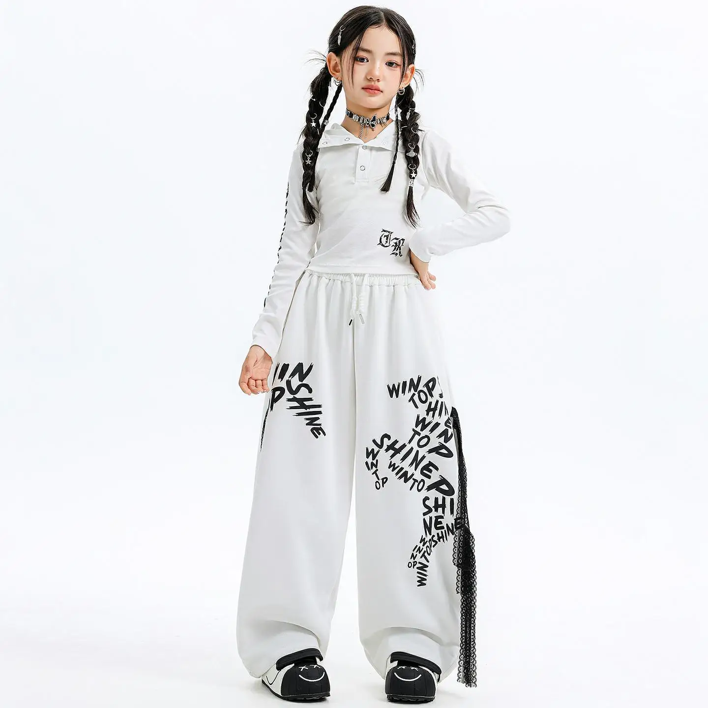 

Kid Kpop Hip Hop Clothing White Hoodie Crop Sweatshirt Top Casual Letters Fringed Sweat Pants for Girls Dance Costumes Clothes