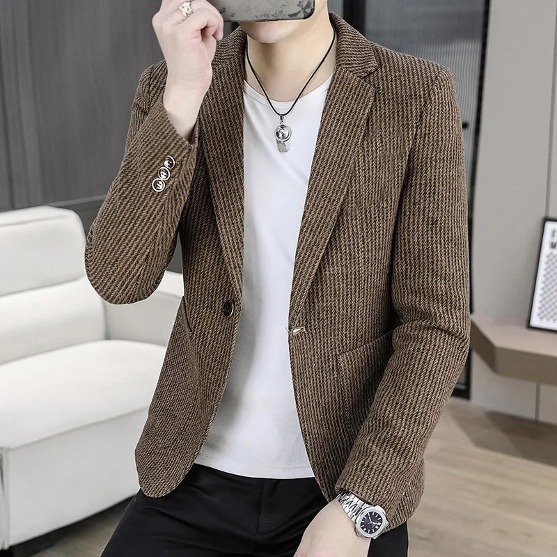 

Приталенный мужской костюм Jaet, осенне-зимний модный полосатый цельный повседневный деловой корейский молодежный маленький костюм, топ