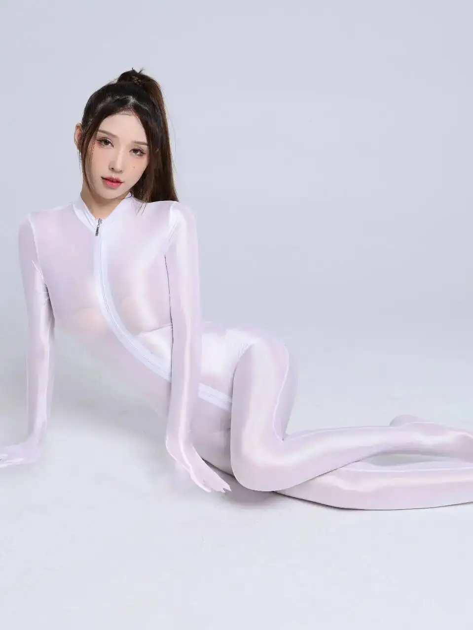 Glossy Smooth Silky Double-Ended Zipper Crotchless Footed Hand-Muffling Long Solid Color Long Sleeved Bodysuits Home Wear CBMU