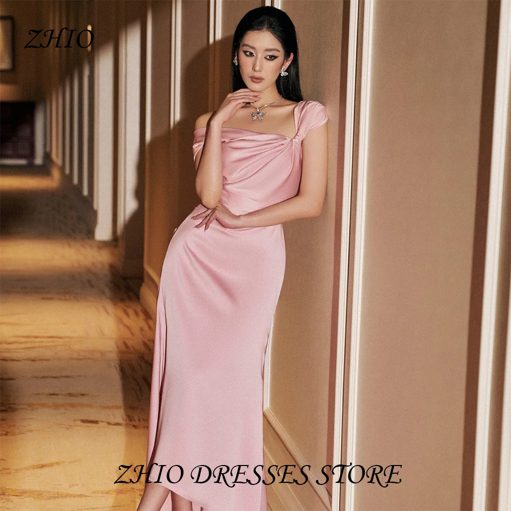 

ZHIO Simple Pink Long Party Dress Strap Satin Asymmetric Formal Occasion Evening Dress Wedding Guest Dress Customized