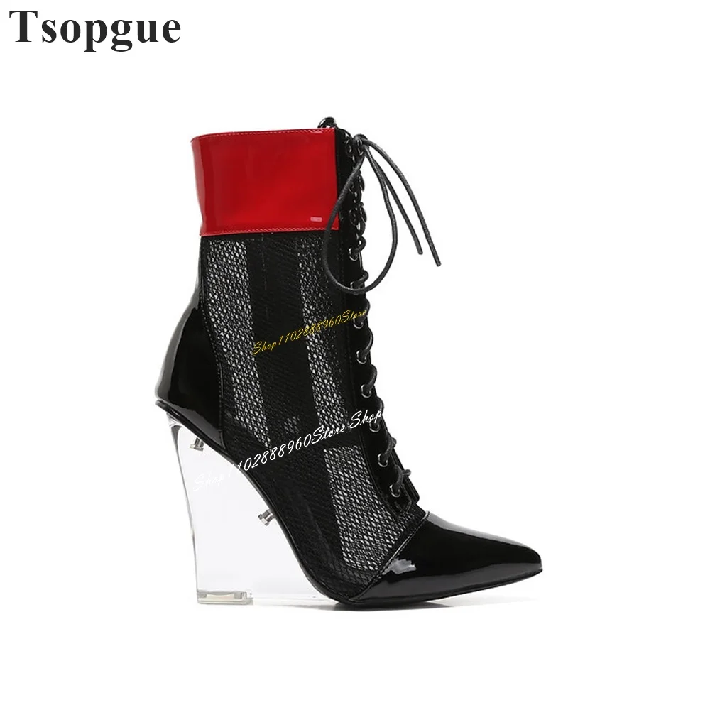 

Cross Tied Black Net Clear Heel Sandal Boots Wedges Heel Women Shoes Side Zipper Pointed Toe 2024 Fashion Zapatos Para Mujere