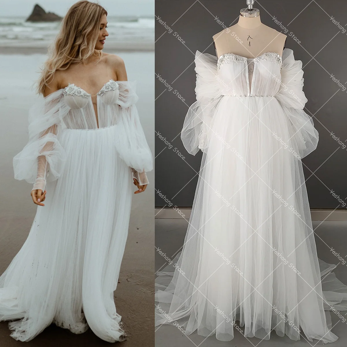Long Bishop Sleeves Beaded Appliques Princess Wedding Dress Low Cleavage A Line Customized Sweetheart Off Shoulder Bridal Gown