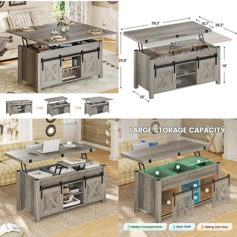 Convertible Coffee Table with Storage, Multi-Function Farmhouse Style, Hidden Compartment, 4-in-1 Functionality