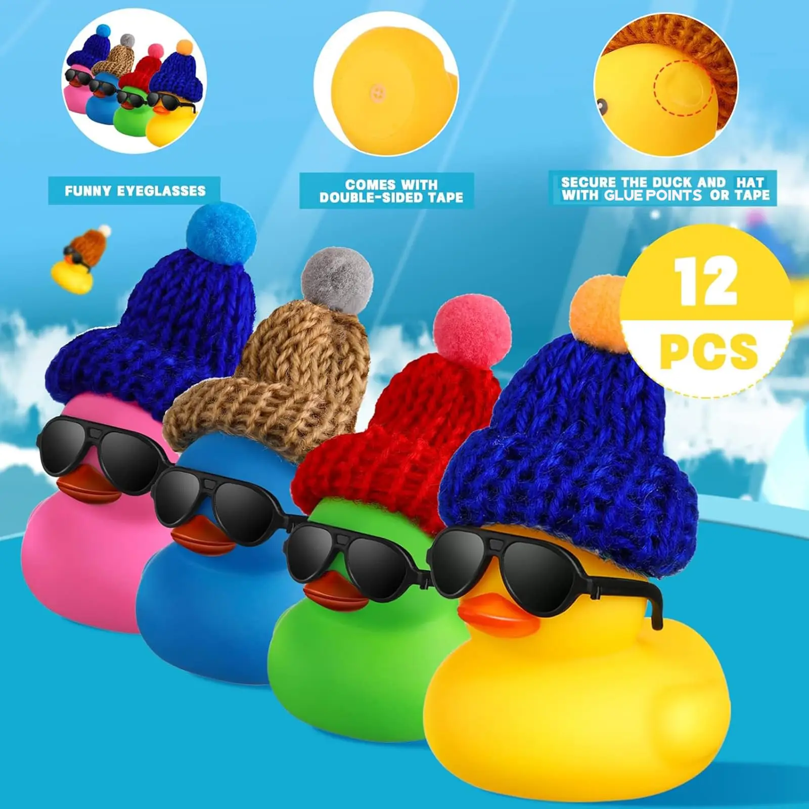 サングラスと帽子をかぶったミニラバーダック、大量のクルーズラバーダック、ギフト、小さな浴槽のおもちゃ、隠れ家パーティーの景品