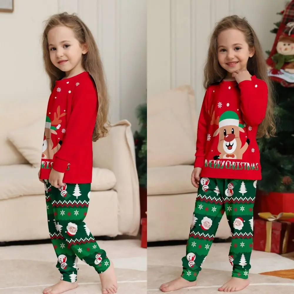 New Christmas Family Matching Outfits Cartoon Printed Soft Christmas Pyjamas Set Deer Santa Top+Pants Dad Mom