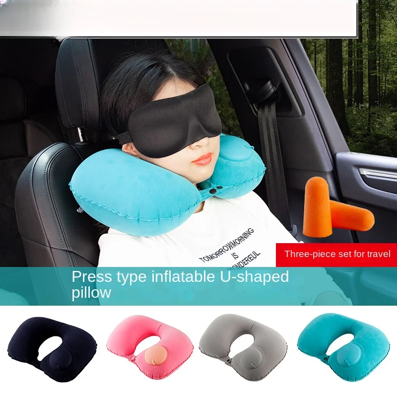 

U-shaped Travel Pillow Car Air Flight Office Inflatable Neck Pillow Short Plush Cover PVC Support Headrest Soft Nursing Cushion