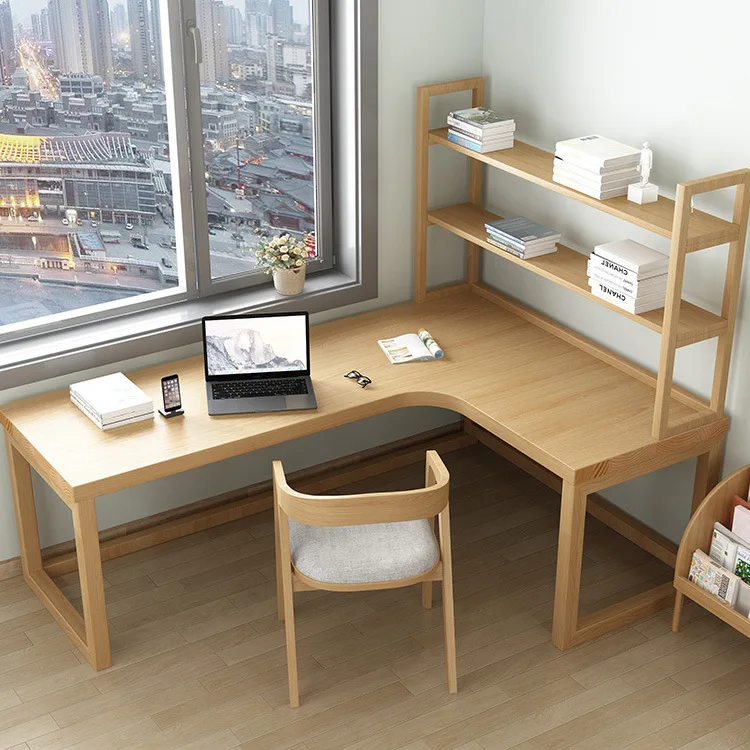 Log color solid wood corner table household computer table 7-shaped corner desk bookshelf integrated writing table workbench