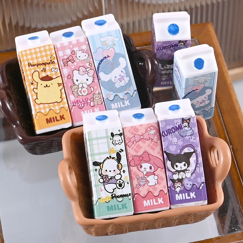 10PCS 1:12 Dollhouse Miniature Sanrio Milk Bottle Hello Kitty Kuromi Milk Box Kitchen Model Decor Toy Doll House Accessories