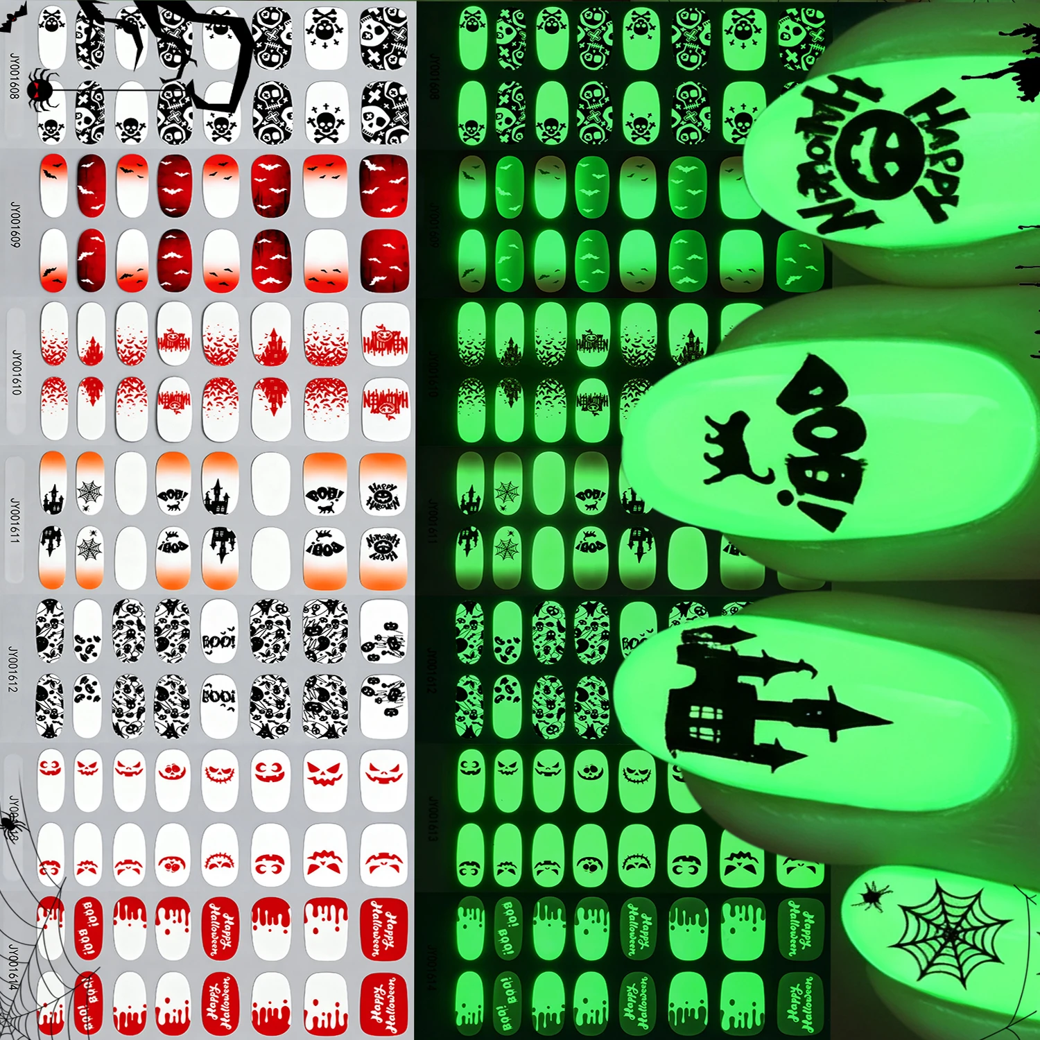 16Tips Halloween Glow In The Dark Spooky Castle Cat Pumpkin Spider Web Full Nail Wraps Luminous Pumpkin Castle Spider Sticker