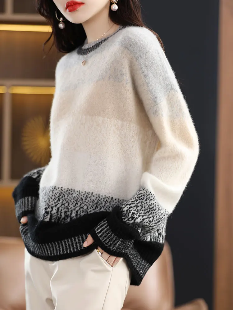 Autumn Winter Pure Cashmere Wool Knitwear Sweater Women O-neck Pullover Casual Fashion Gradient Color Blocking Lazy Loose Tops