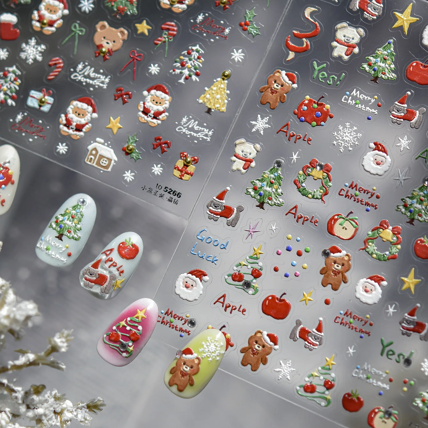 

Christmas Nail Art Decals 5D Embossed Cute Apple Christmas Tree Bear Nail Stickers Self Adhesive Stickers DIY Decortive Decals