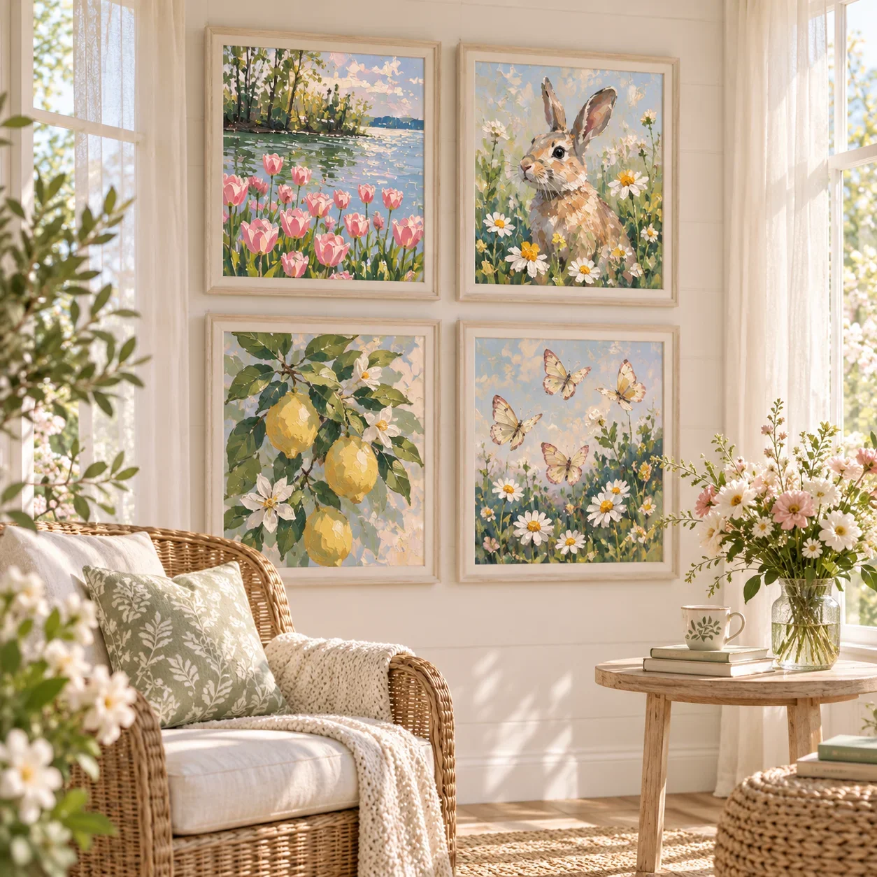 1pc frameless Canvas Painting Floral Canvas Prints, Daisies Tulips Butterfly Bee Wall Art Vintage Botanical Poster Cottagecore F