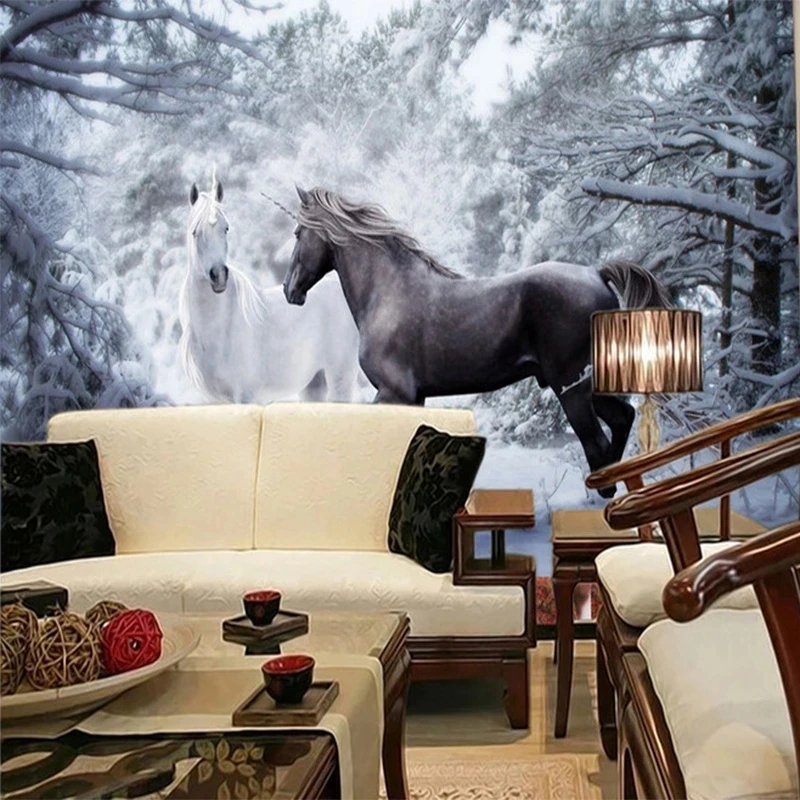 Custom Wallpaper 3D Black White Horse Snow Landscape Photo Mural Living room TV background wall bedroom restaurant wall fabric