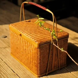 Bamboo Weaving Large Wicker Storage Basket, Double Layer Square Basket for Tea Storage, Artistic Packaging Product Container