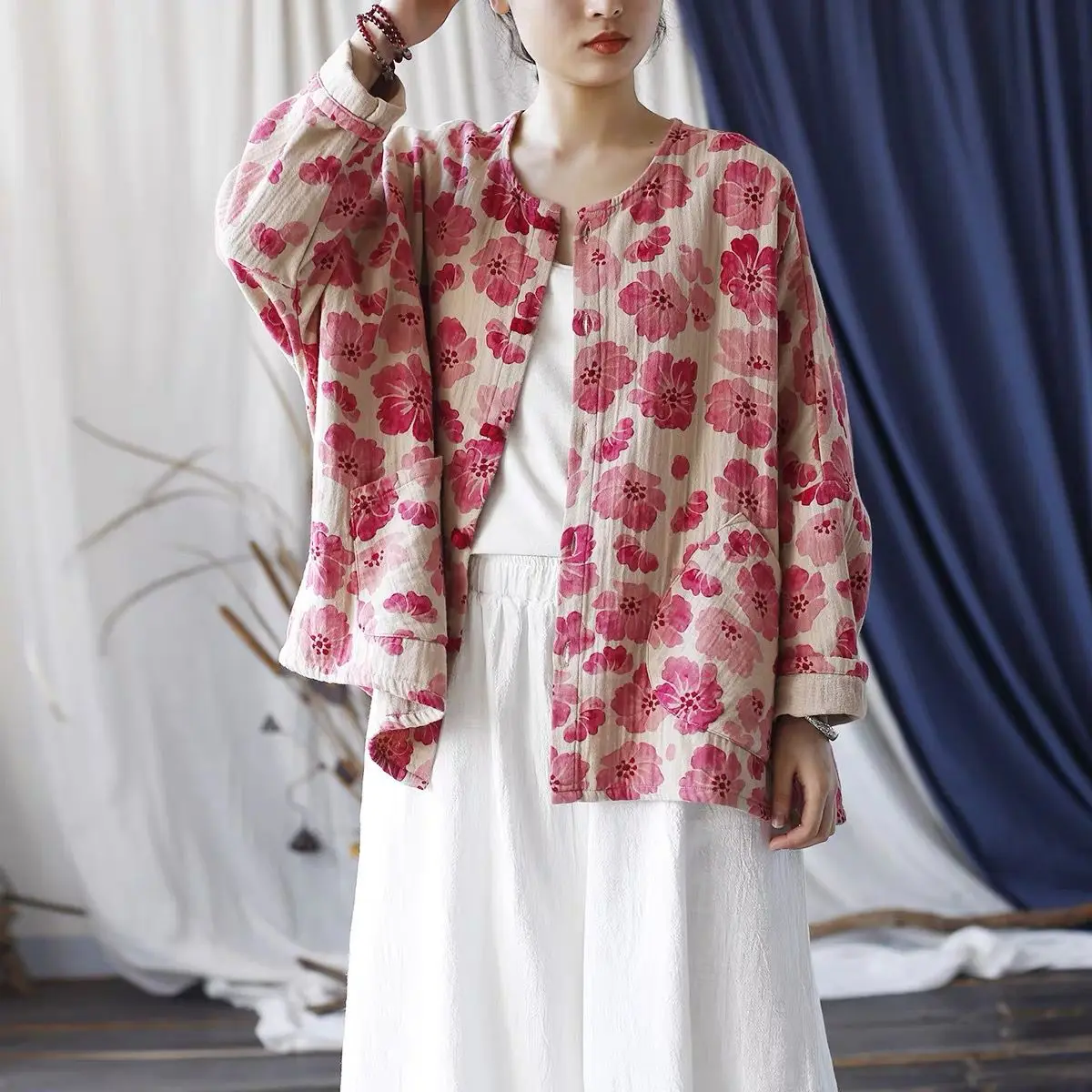 Abrigo holgado de algodón y lino con alas de murciélago Sve irt, ropa de abrigo étnica Vintage china Sle para mujer, abrigo largo con estampado dulce