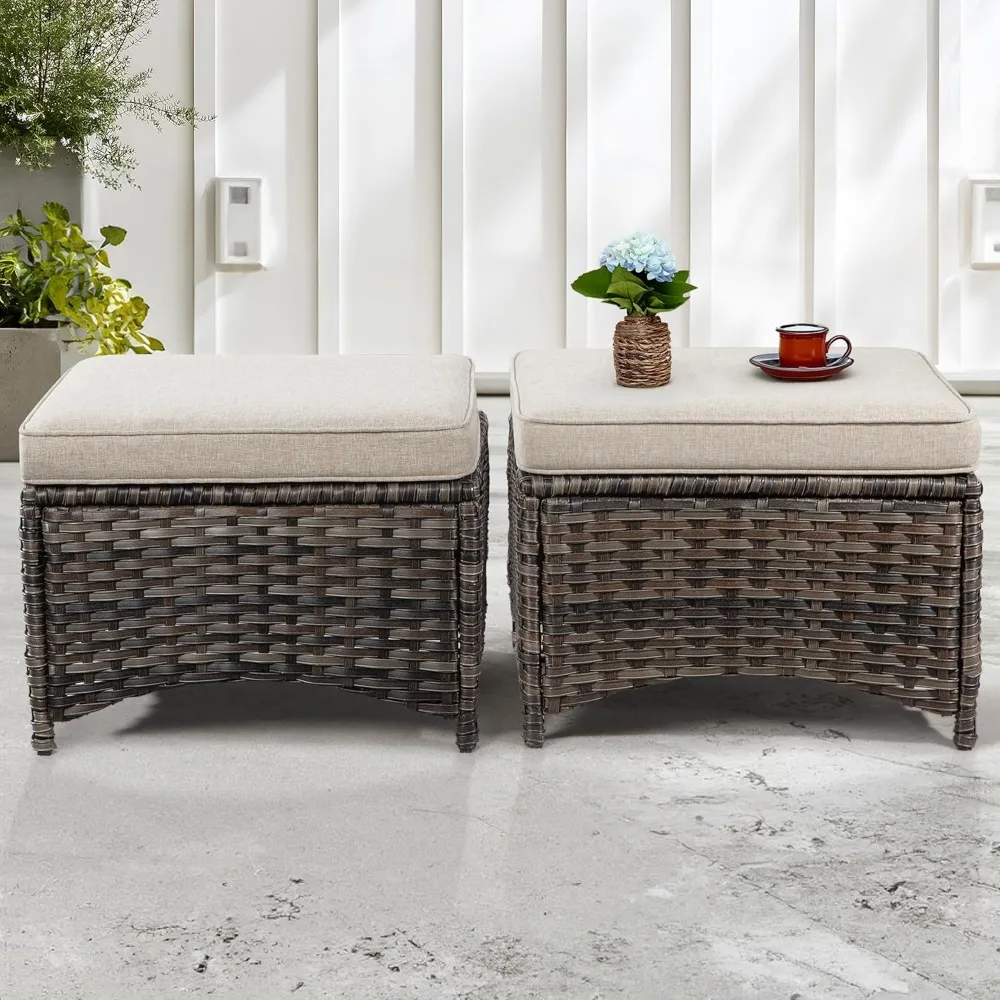 

Patio Ottomans Set of 2 PE Wicker Steel Frame Outdoor Footstool with Removable Olefin Cushions for Patio, Backyard and Deck, Bei