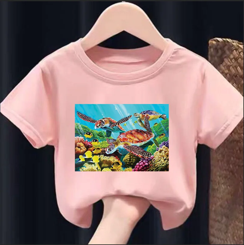 Marine Life Fish Turtle Dolphin Animal Print Kids Tshirt Cute Fashion Boy T-Shirt Summer Boys/Girls Boys Clothes