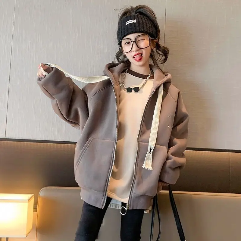 Girls' 2026 New Winter Thickened Fleece-Lined Alpaca Hooded Coat - Tween Size Warm Sweatshirt
