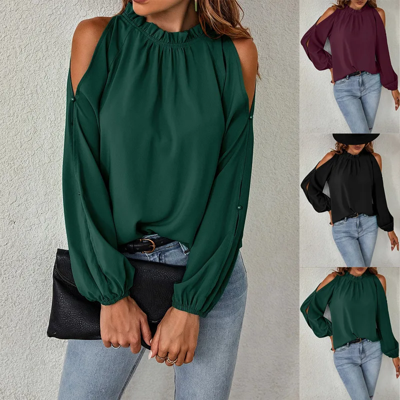 Women\'s Clothing Ruffled Neck Off Shoulder Tops Autumn Winter New Office Lady Long Sleeve Stylish Commute Solid Color T-shirt