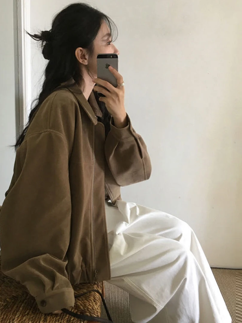 Retro Skórzana Kurtka Damska z Aksamitu, Zapinana na Zamek, Długi Top, Odzież Wierzchnia, Koreański Styl, Luźny Krój, Jesień, Nowość