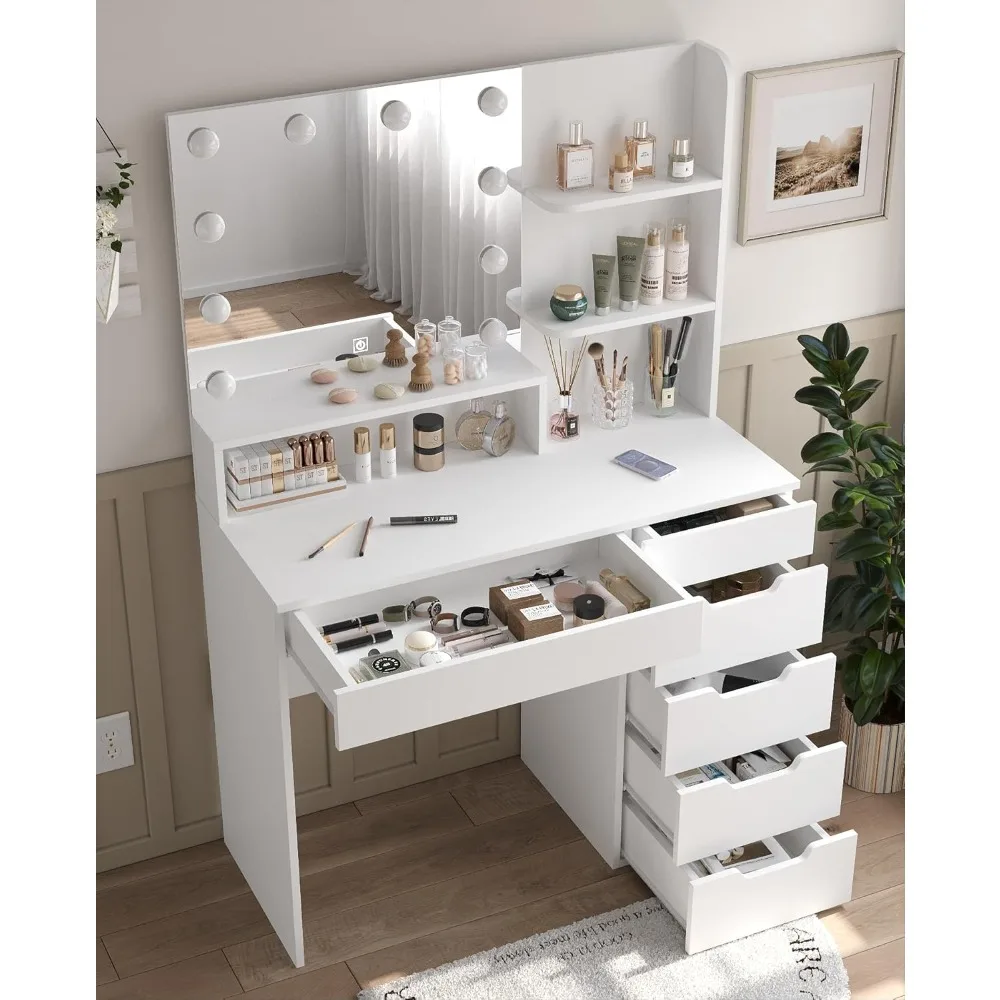 Vanity Desk with LED Lighted Mirror, 6 Drawers, White Vanity Set Makeup Table Lots Storage