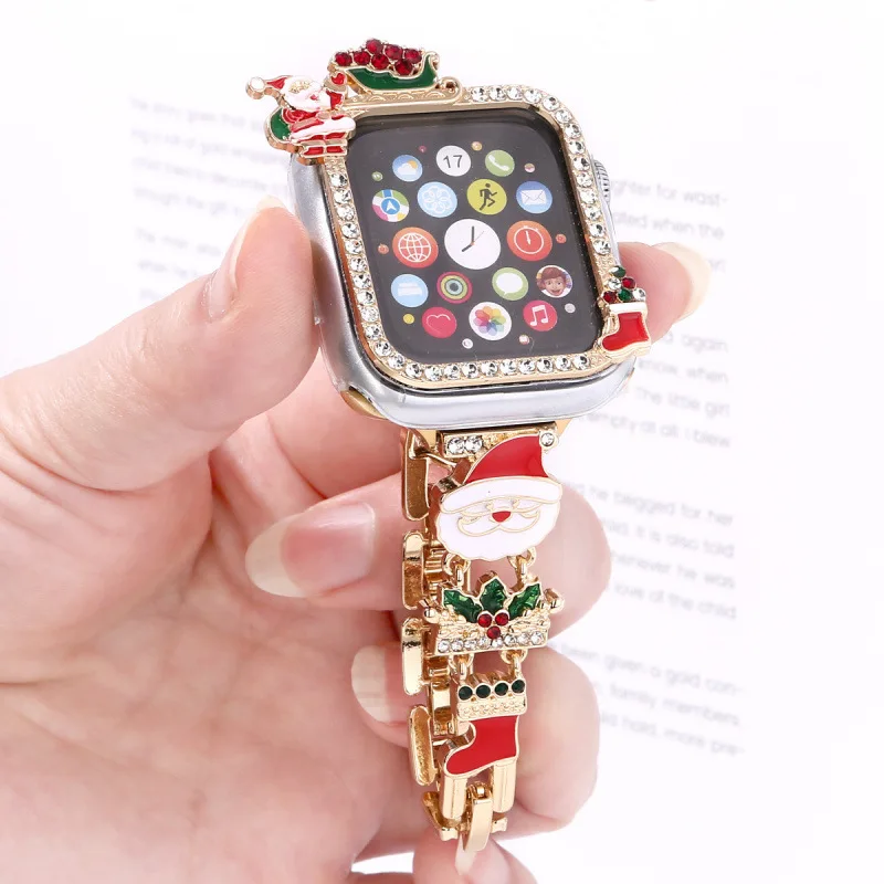 عيد الميلاد حجر الراين + حزام لساعة أبل 5/6/7/8 41 40 مللي متر الفرقة iWatch 45 44 مللي متر حزام الوفير مطعمة مع حجر الراين الكريستال