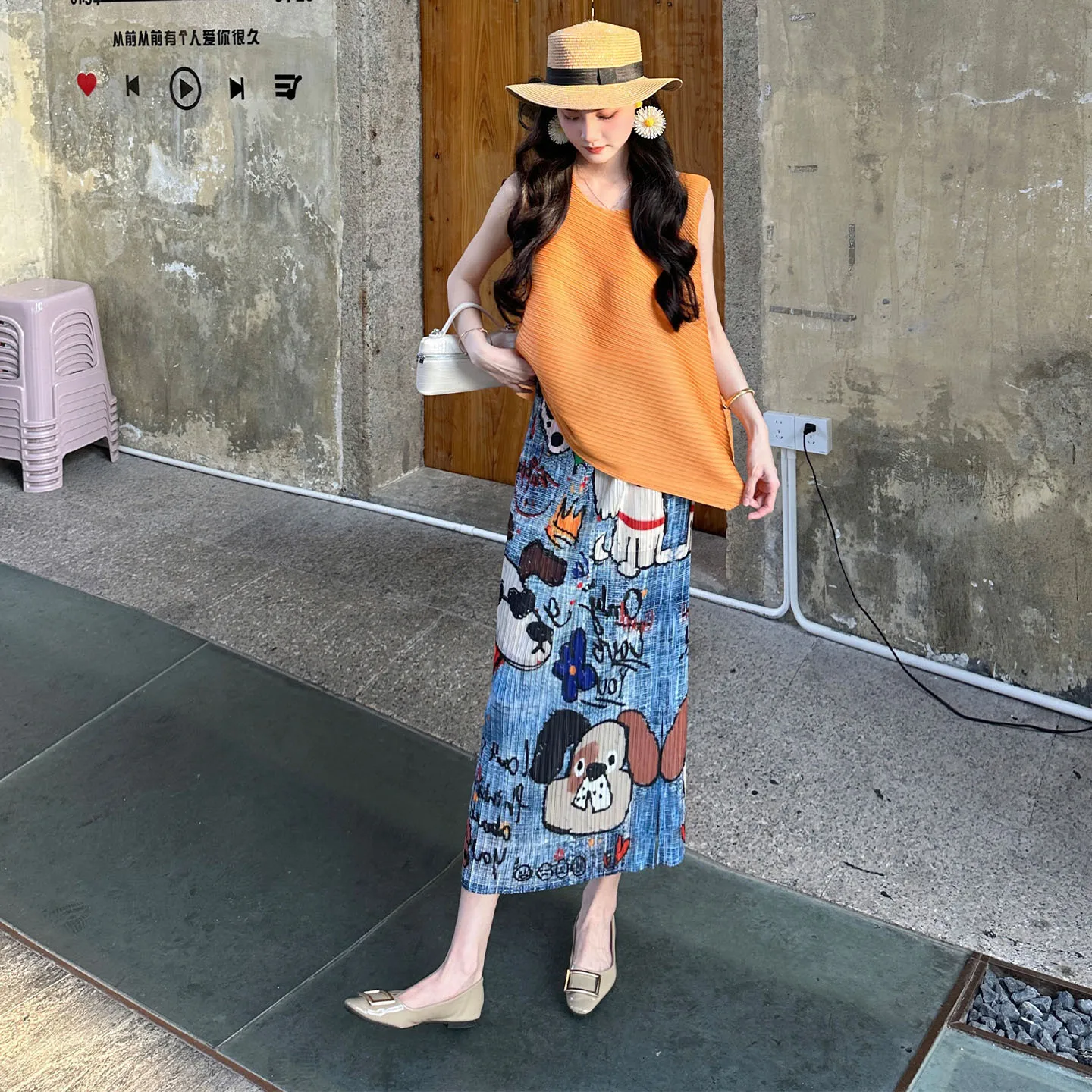 

Miyake Pleated Skirt Set Niche Plisse Set Miyake Fold Summer Orange Pullover Pleat Top Vintage Bustier Skirt Pleats Set Woman