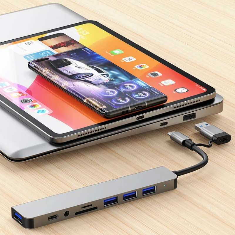 8 في 1 USB نوع C HUB محطة إرساء مع 3.5 مللي متر الصوت مهايئ الرافعة مايكرو SD TF قارئ بطاقات أجهزة الكمبيوتر المحمولة اللوحي الهاتف القرص محول #2