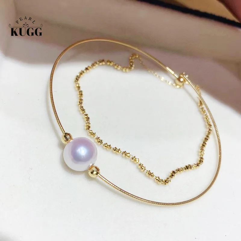 

KUGG PEARL 18K Yellow Gold Bracelet Luxury Design 8-8.5mm Real Natural Pink Akoya Pearl Bracelet for Women High Party Jewelry