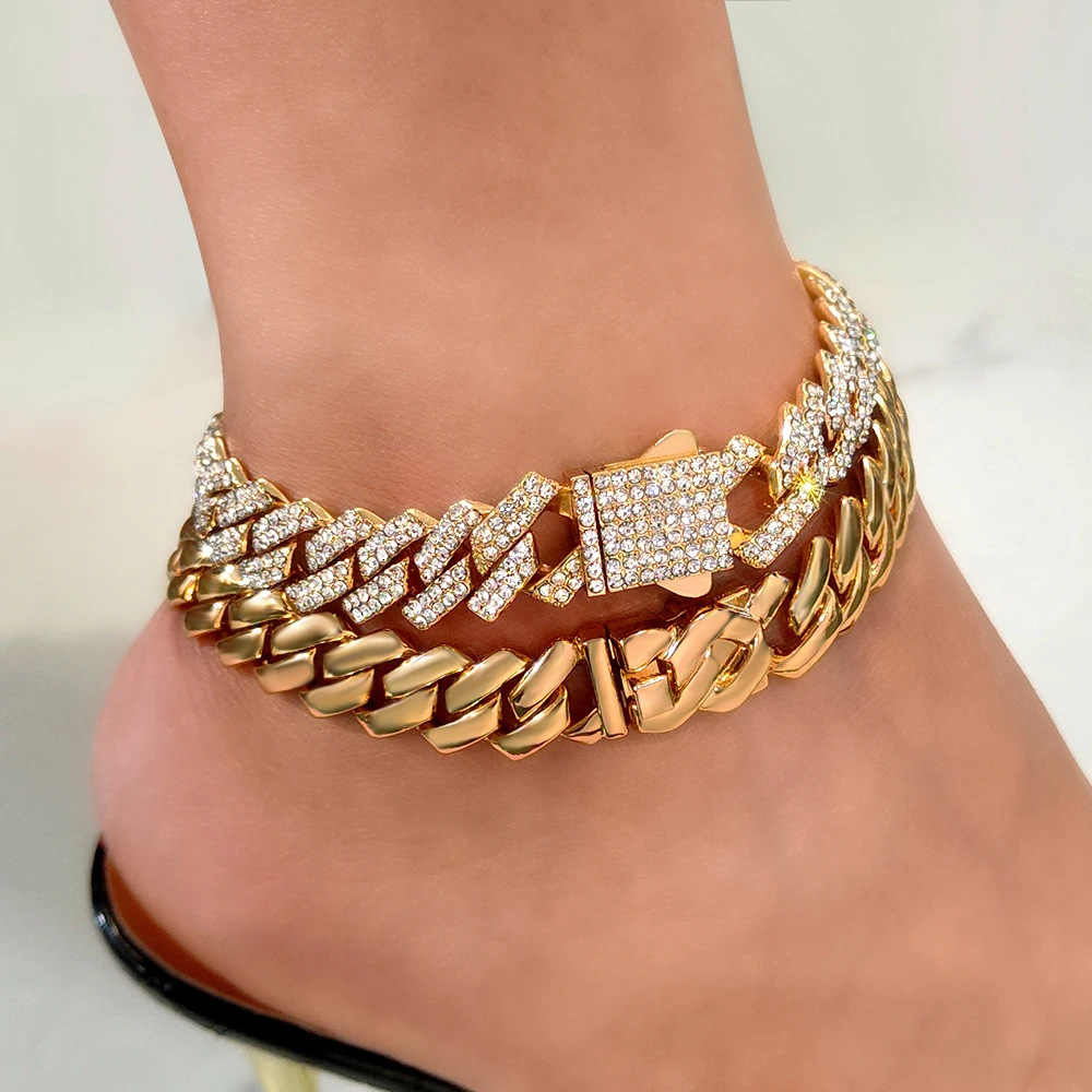 2023 Fashion 14MM Chunky Cuban Anklet Bracelet For Women Gold Silver Color Rhombus Cuban Link Chain Anklets Summer Beach Jewelry