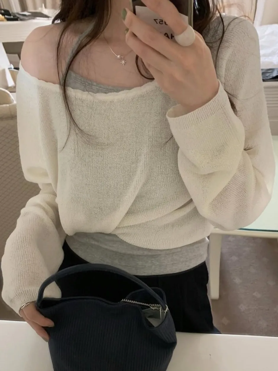 Elegant Summer New Women's Long Sleeve Thin Knitted Shirt Shoulder Exposure Collar Wave Chic Style Polyester Fiber