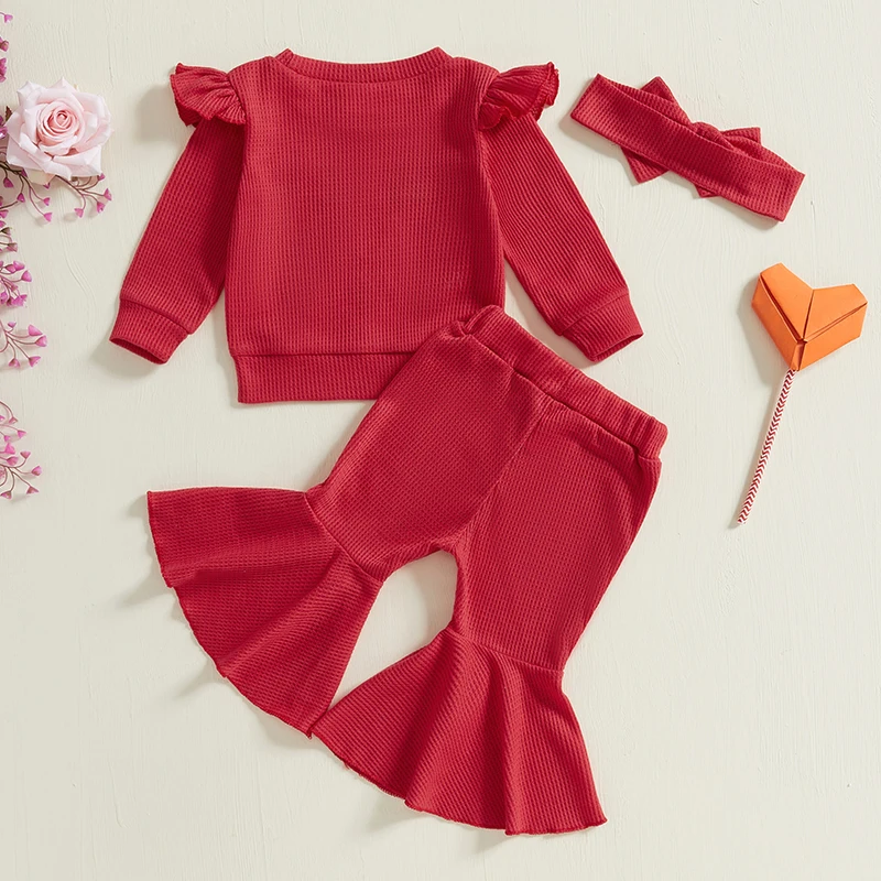 Toddler Girls Valentine s Day Sets Letter Heart Embroidered Long Sleeve Sweatshirt Long Flare Pants Hair Band 3-Piece Outfits