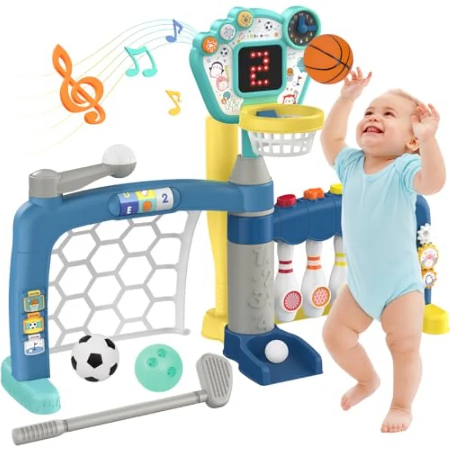 Toddler Sports Toys 5-in-1 Basketball Hoop Soccer Bowling Baseball Golf Activity Center for 1 2 3 Year Old Boys Girls Plastic B