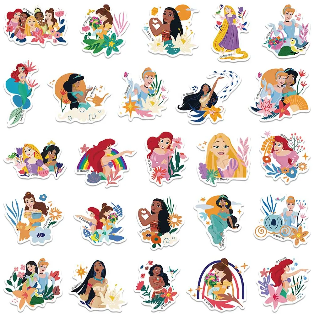 Disney Princesas adesivos impermeáveis para meninas, desenhos animados bonitos, anime, grafite, laptop, telefone, bagagem, guitarra, decalques de vinil, 50pcs