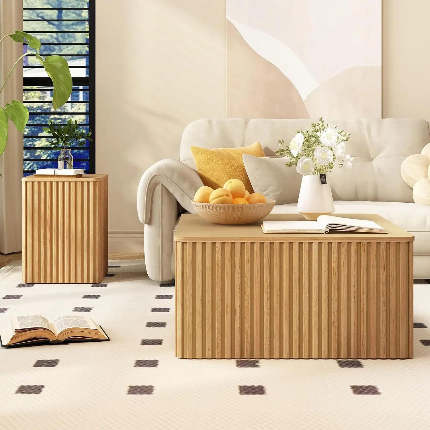 Fluted Square Coffee Table with Storage Large Wood Center Table, Customized