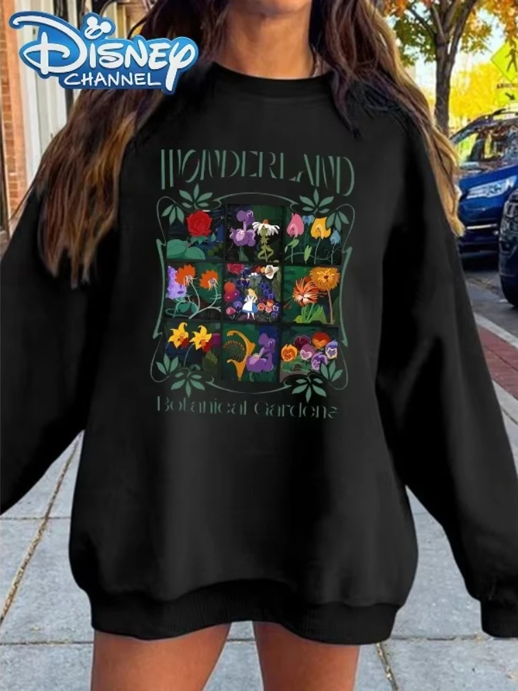 ディズニー 2026 新しいディズニー 不思議の国のアリス ファッション プリント 秋と冬のトレンド レディース コンフォート 長袖 クルーネック トップ