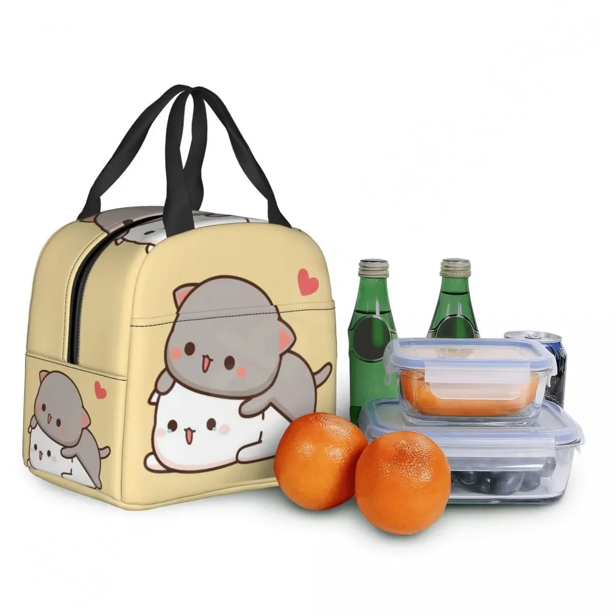 Couple Mochi Cat Insulated Lunch Bag Peach and Goma Thermal Lunch Box Portable Cooler Tote Bags for Children Women School Work