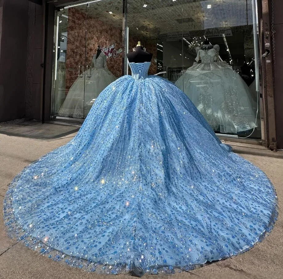 فساتين الأميرة الزرقاء الجليدية Quinceanera ، مشد للعقيق ، فساتين مطرزة باللؤلؤ ، أميرة براقة ، 15 سنة ، 24 سنة ،