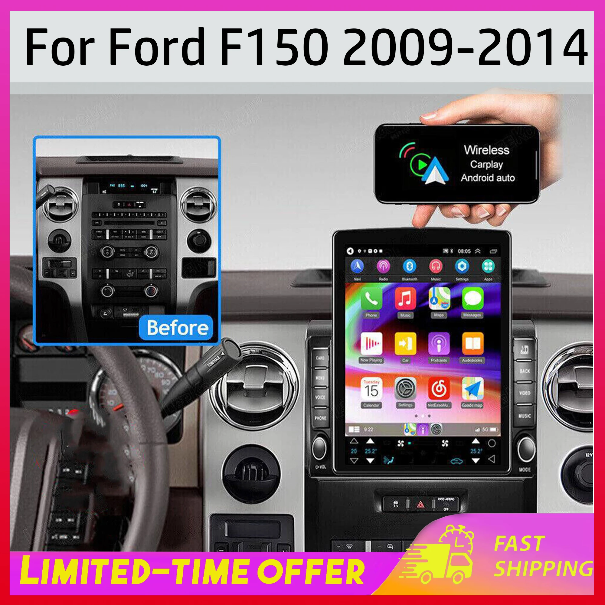 

Автомобильная стереосистема CarPlay Android Auto для Ford F150 2009-2014, автомобильный аудио-мультимедийный плеер с GPS, Bluetooth и камерой заднего вида