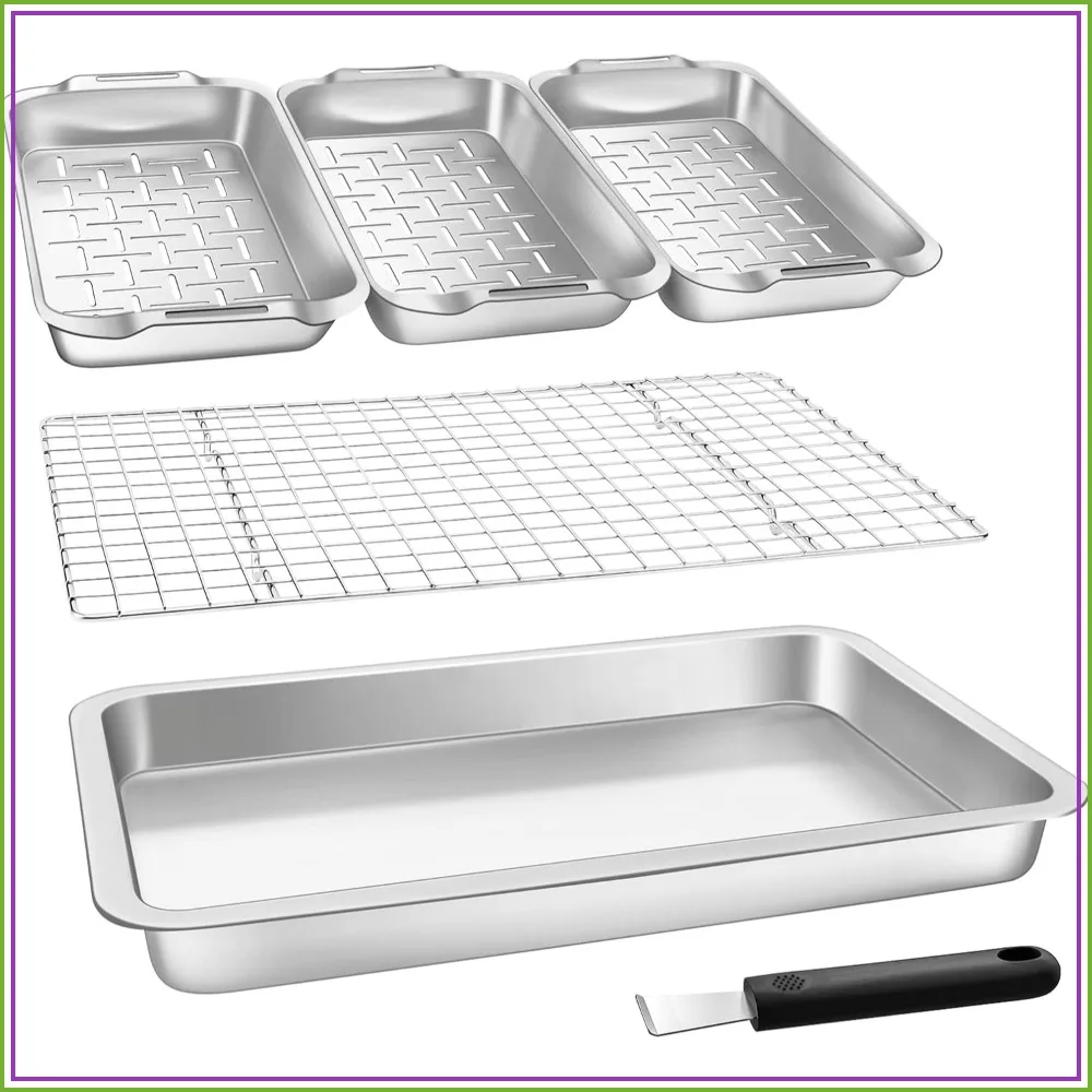 

6-Piece Stainless Steel Large Food Prep Tray Set, 16.5" x 11" Grill Carry System with Cooling Rack for Vegetables, Fish, Meat, Perfect Grilling Gifts