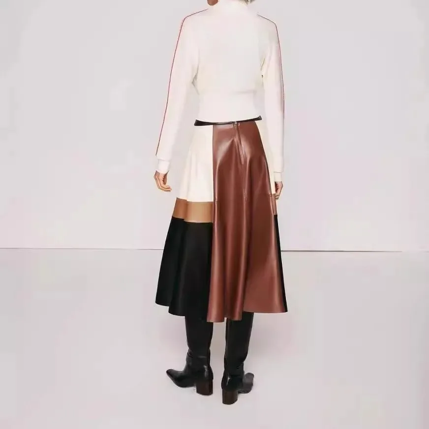 2024 Fashion New Genuine Leather Sheepskin Long Skirt Maillard Retro Big Swing Skirt E57