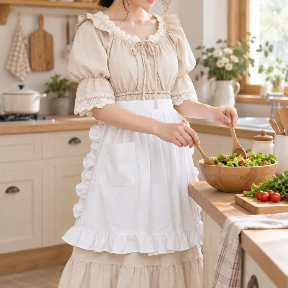 Popular White Half Body Apron Ruffle Edge with Pocket Work Apron Anti Fouling Cotton Material Short Apron For Waiter